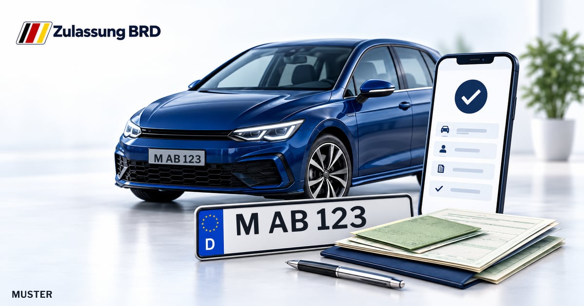 Online Fahrzeugzulassung in Gräfelfing: Musterkennzeichen M AB 123, Auto und Fahrzeugpapiere und Smartphone. Illustration mit Logo von Zulassung BRD.